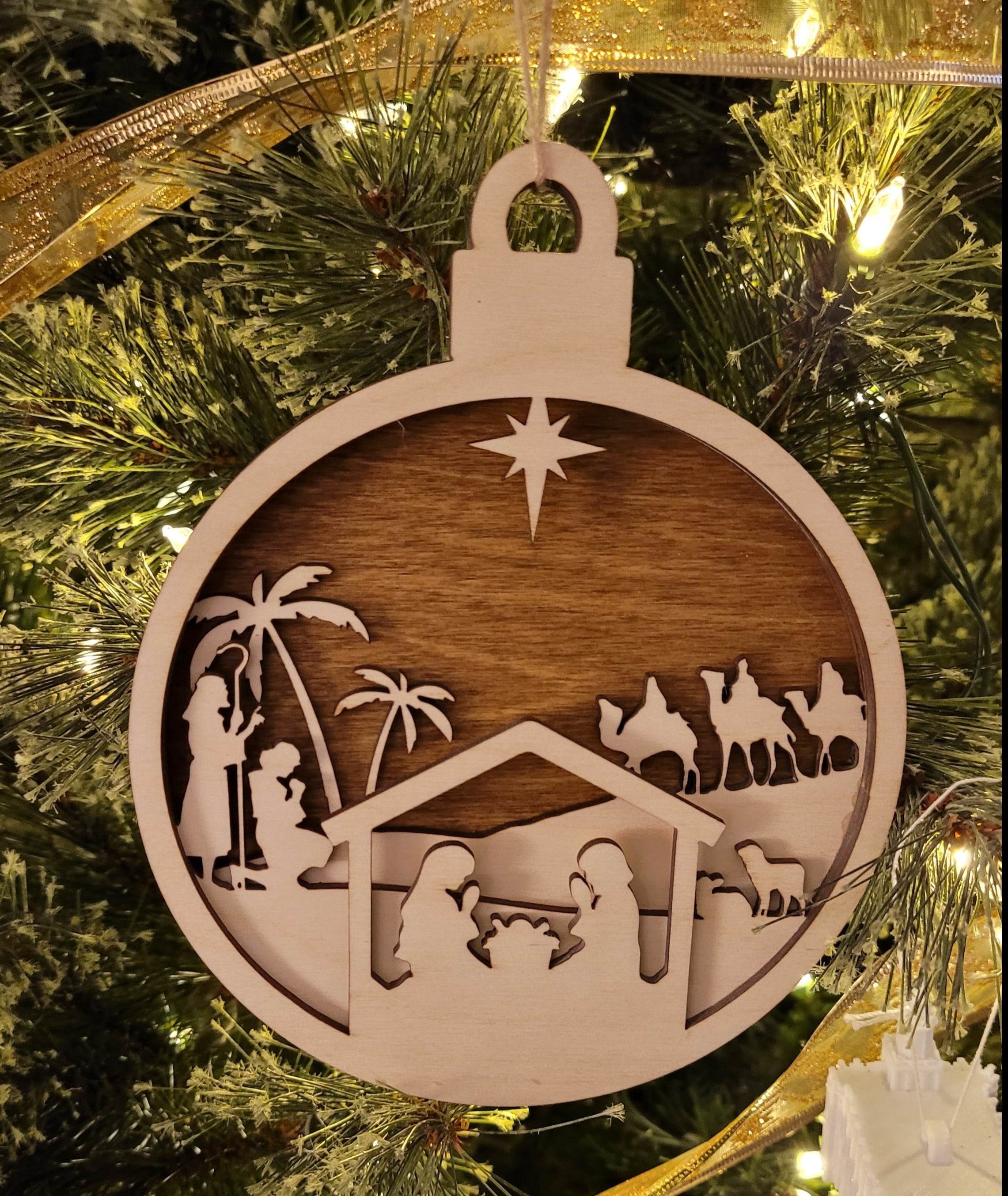 Wooden Nativity Christmas 4-Layer Ornament – Tiny 3D Temples