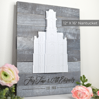 Latter-Day Temple Wall Décor | 12"x16" Nantucket Grey Pallet Surface Frame | Free Custom Inscription - Tiny 3D Temples