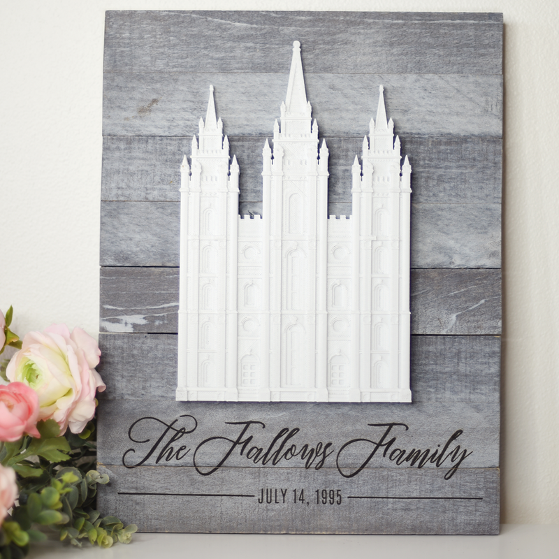 Latter-Day Temple Wall Décor | 12"x16" Nantucket Grey Pallet Surface Frame | Free Custom Inscription - Tiny 3D Temples