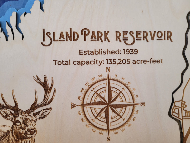 Island Park Reservoir Laser Engraved Topo Map