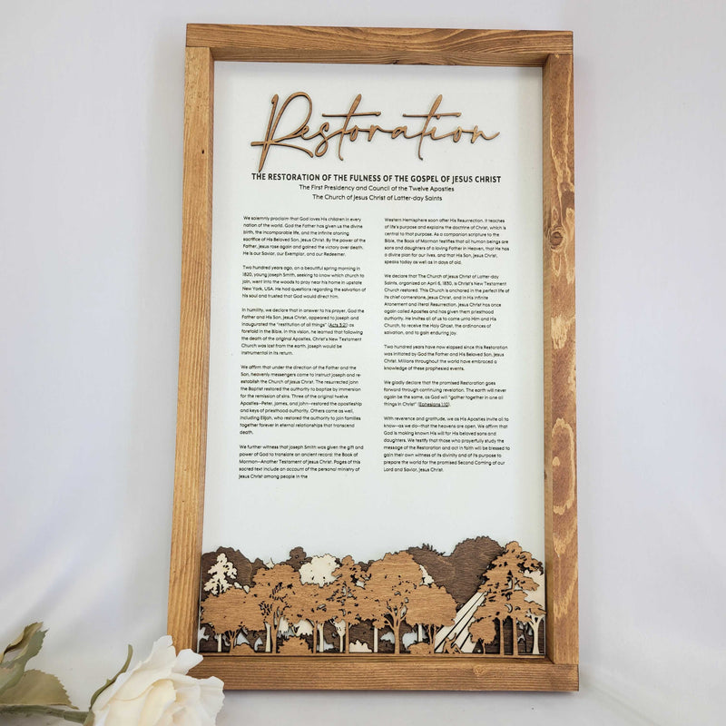 Proclamation Themes- The Family, Mountain Proclamation The Living Christ, Empty Tomb Proclamation The Articles of Faith, Tree of Life Proclamation The Restoration, Sacred Grove Proclamation