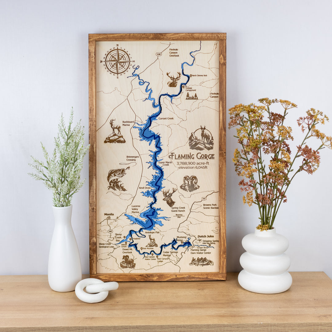 Flaming Gorge Laser-Engraved Wood Sign | Scenic Reservoir Map