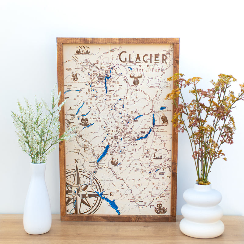 Glacier National Park Topo Map Sign | Laser Engraved & Framed Wall Art