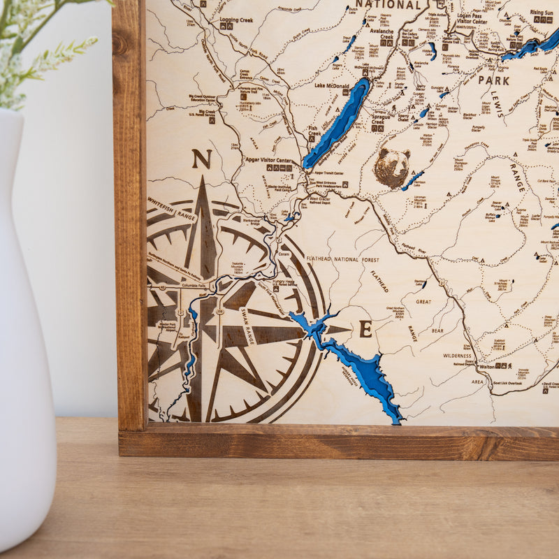 Glacier National Park Topo Map Sign | Laser Engraved & Framed Wall Art