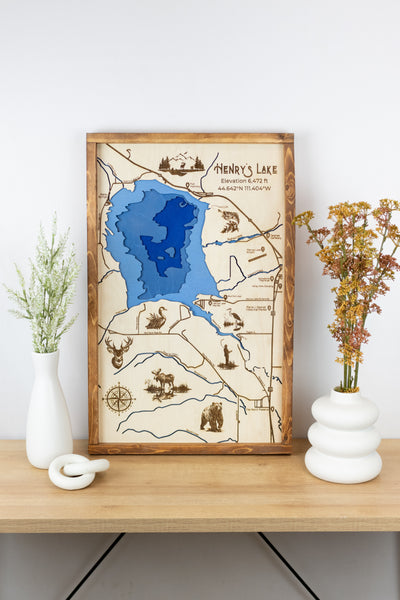 Henry's Lake Idaho Topo Map Sign | Laser Engraved & Framed Wall Art