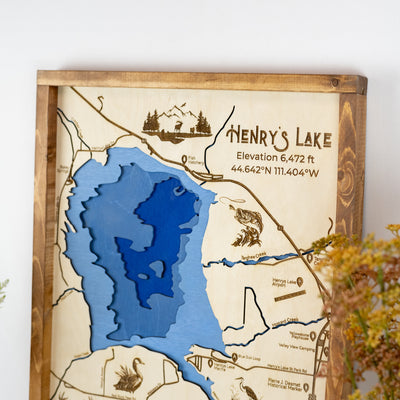 Henry's Lake Idaho Topo Map Sign | Laser Engraved & Framed Wall Art