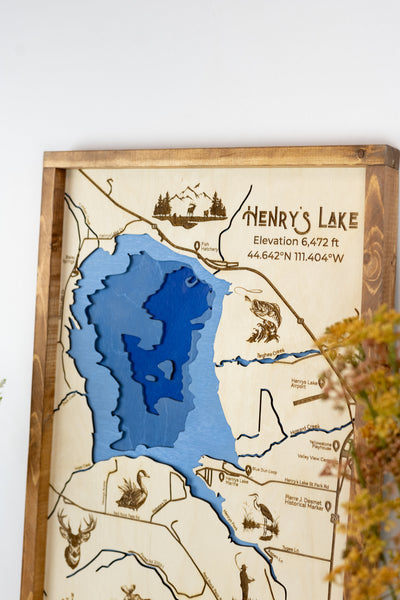 Henry's Lake Idaho Topo Map Sign | Laser Engraved & Framed Wall Art