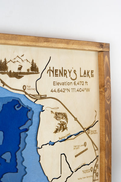 Henry's Lake Idaho Topo Map Sign | Laser Engraved & Framed Wall Art