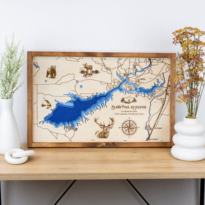 Island Park Reservoir Laser-Engraved Wood Sign | Rustic Lake Wall