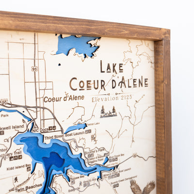 Lake Coeur D'Alene Topo Map Sign | Laser Engraved & Framed Wall Art