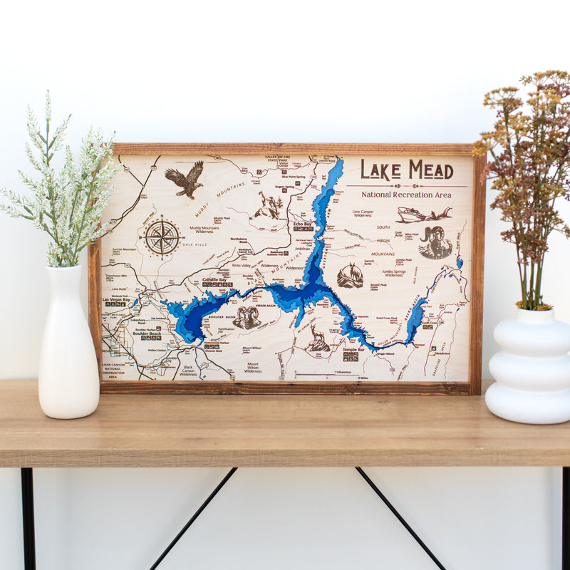 Lake Mead Topo Map Sign | Laser Engraved & Framed Wall Art