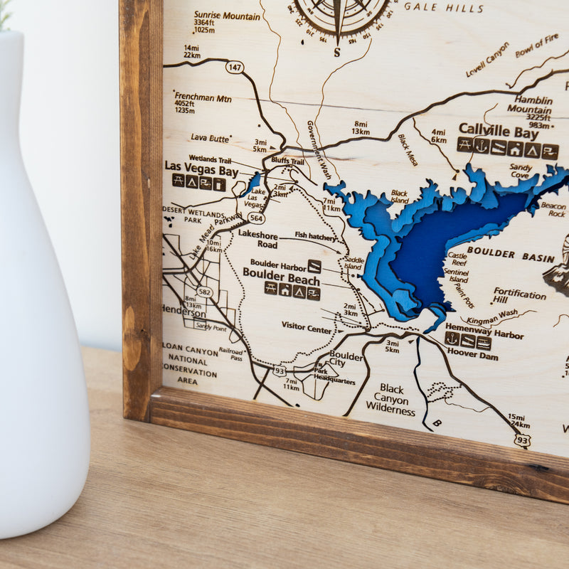 Lake Mead Topo Map Sign | Laser Engraved & Framed Wall Art