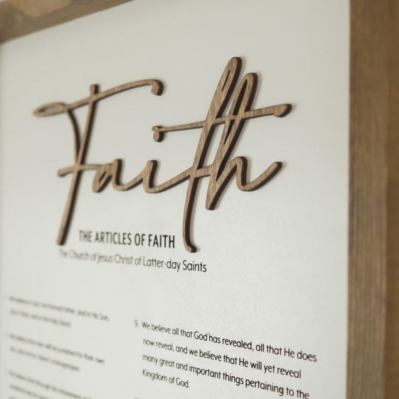 The Articles of Faith wooden sign