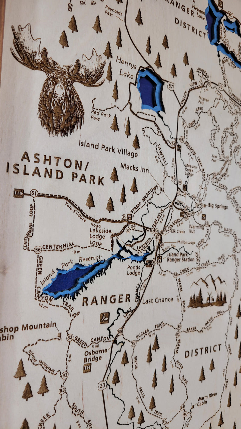 Ashton to Island Park Laser Engraved Topo Map