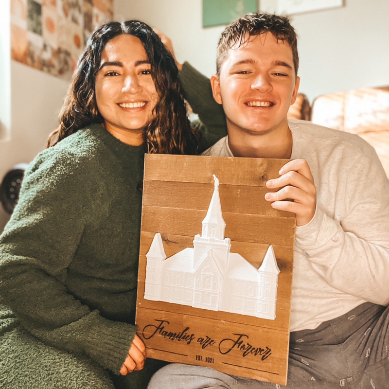 Latter-Day Temple Wall Décor | Couple Holding Their 12"x16" Aged Oak Pallet Surface Frame | Free Custom Inscription - Tiny 3D Temples
