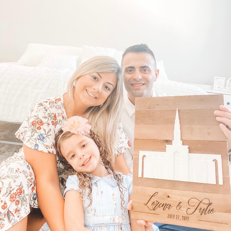 Latter-Day Temple Wall Décor | Family Holding Their 12"x16" Aged Oak Pallet Surface Frame | Free Custom Inscription - Tiny 3D Temples