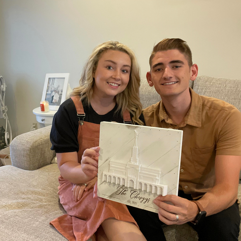 Latter-Day Temple Wall Décor | Couple Holding Their 10"x10" Whitewash Pallet Surface Frame | Free Custom Inscription - Tiny 3D Temples