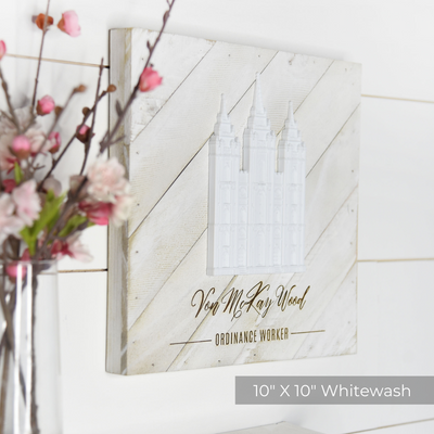 Latter-Day Temple Wall Décor | 10"x10" Whitewash Pallet Surface Frame | Free Custom Inscription - Tiny 3D Temples
