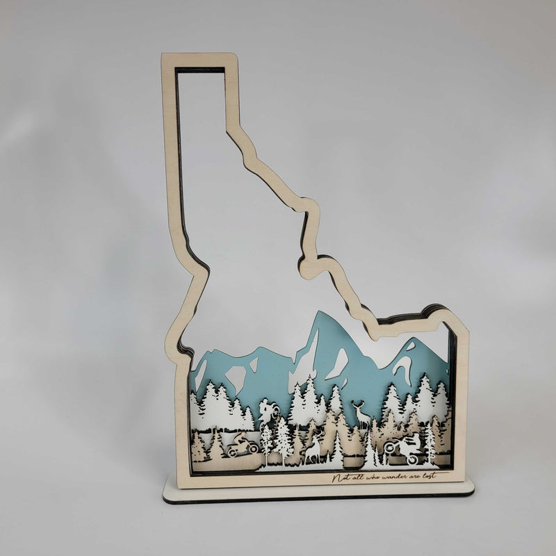 Customized State Sign (Idaho State with Wildlife and Motorbike), Laser cut and fully assembled
