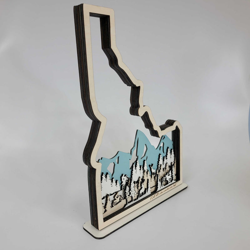 Customized State Sign (Idaho State with Wildlife and Motorbike), Laser cut and fully assembled