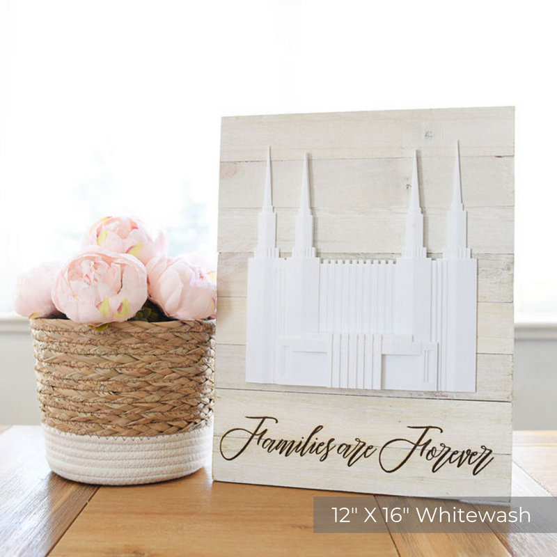 Latter-Day Temple Wall Décor | 12"x16" Whitewash Pallet Surface Frame | Free Custom Inscription - Tiny 3D Temples